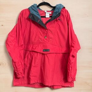 Vintage 90s Columbia Red Nylon Hooded Windbreaker Kangaroo Pouch Pullover Size L